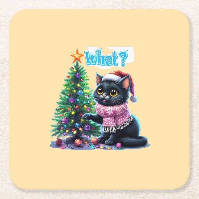 Funny Christmas Cat Was mit Baumsticker Rechteckiger Pappuntersetzer (Vorderseite)