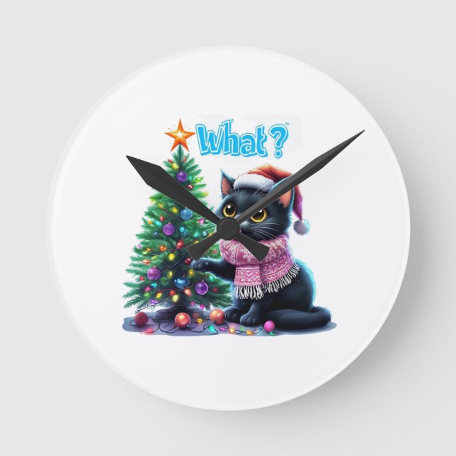 Funny Christmas Cat Was mit Baumsticker Runde Wanduhr (Vorderseite)
