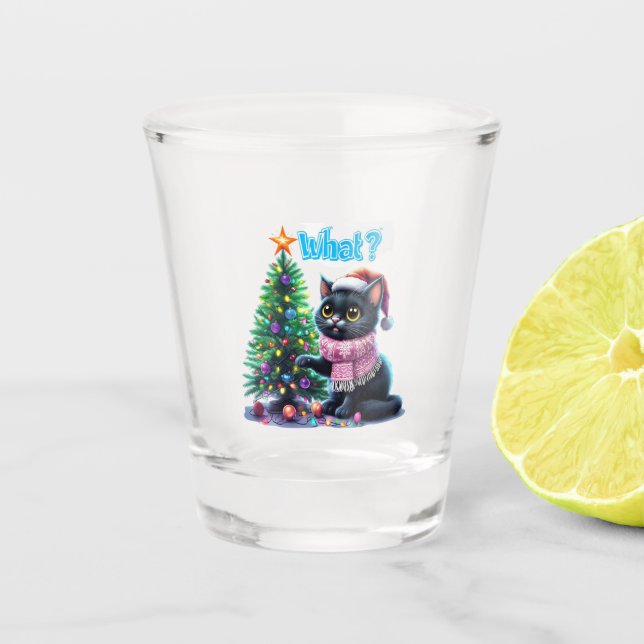 Funny Christmas Cat Was mit Baumsticker Schnapsglas (Vorderseite)