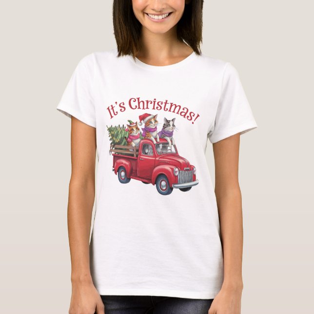 Funny Christmas Cats in Red Truck T-Shirt (Vorderseite)