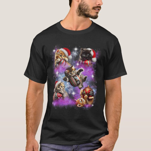 Funny Christmas Cats In Space Cute Xmas Space Cats T-Shirt (Vorderseite)
