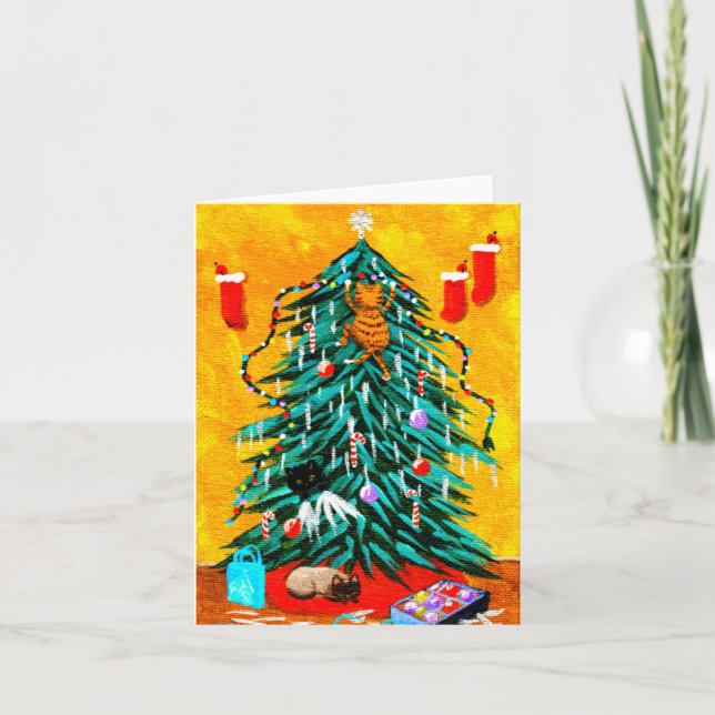 Funny Christmas Cats Tree Creationarts Feiertagskarte (Vorderseite)