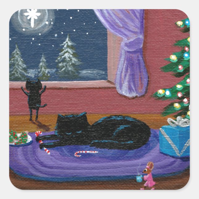 Funny Christmas Cats Tree Creationarts Quadratischer Aufkleber (Vorderseite)