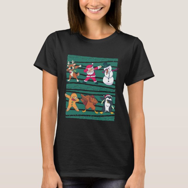 Funny Christmas Dabbing Animals Line Tanzen T-Shirt (Vorderseite)