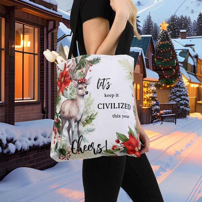 Funny Christmas Deer (Cute funny Christmas tote bag featuring a watercolor design with a deer, festive Poinsettia and pine)