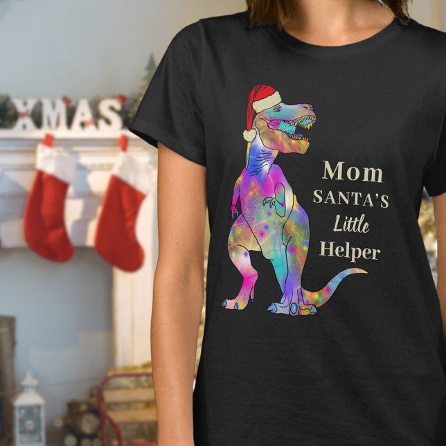 Funny Christmas Dinosaur Mama Zitat T-Shirt (Funny mom Santas little helper dinosaur quote Christmas t-shirt Colorful T-Rex wearing a Santa hat )