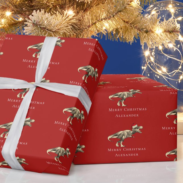 Funny Christmas Dinosaurier Personalisiert Red Geschenkpapier (Funny christmas T-Rex dinosaur personalized boy name red holiday gift wrapping paper)