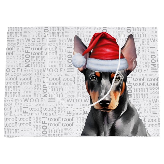 Funny Christmas Dog Doberman Pinscher Woof Words Große Geschenktüte (Vorderseite)