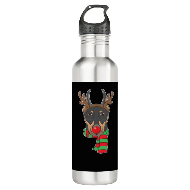 Funny Christmas Dog Xmas Reindeer Doberman Holiday Edelstahlflasche (Vorderseite)