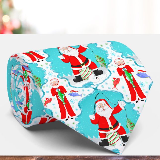 Funny Christmas Frau Claus beats Santa beim Angeln Krawatte (Festive necktie: Reel in laughter with playful Christmas charm for men!)