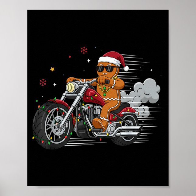 Funny Christmas Gingerbread Man Biker Riding A Mot Poster (Vorne)