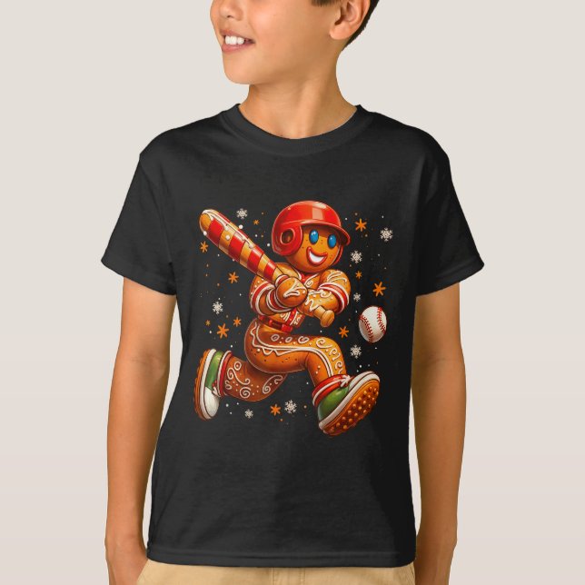 Funny Christmas Gingerbread Man Playing Baseball C T-Shirt (Vorderseite)