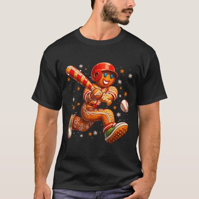 Funny Christmas Gingerbread Man Playing Baseball C T-Shirt (Vorderseite)