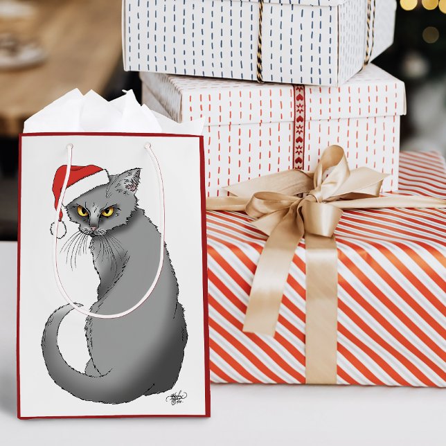 Funny Christmas Gray Cat Mittlere Geschenktüte (Von Creator hochgeladen)