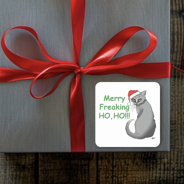 Funny Christmas Gray Cat Quadratischer Aufkleber (Von Creator hochgeladen)