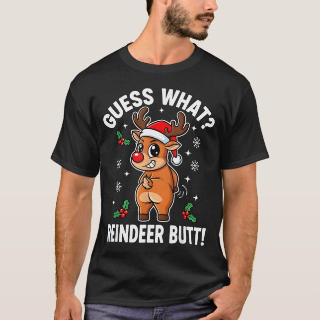 Funny Christmas Guess What Reindeer Butt Santa Hat T-Shirt (Vorderseite)