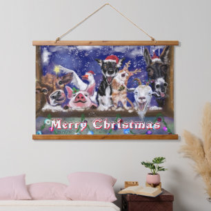 Funny Christmas Happy Farm Animal Hangband Wandteppich Mit Holzrahmen