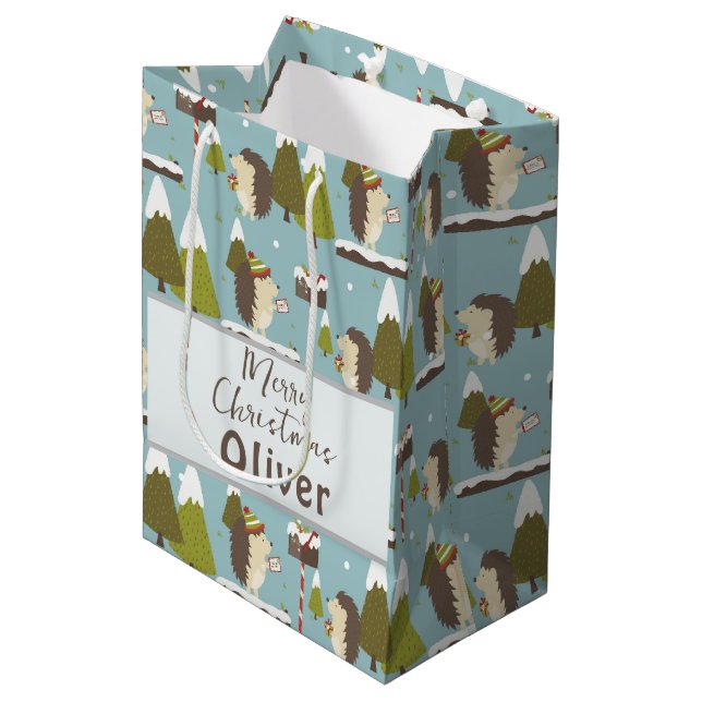 Funny Christmas Igel Kinder Name Mittlere Geschenktüte (Vorderseite Schrägansicht)