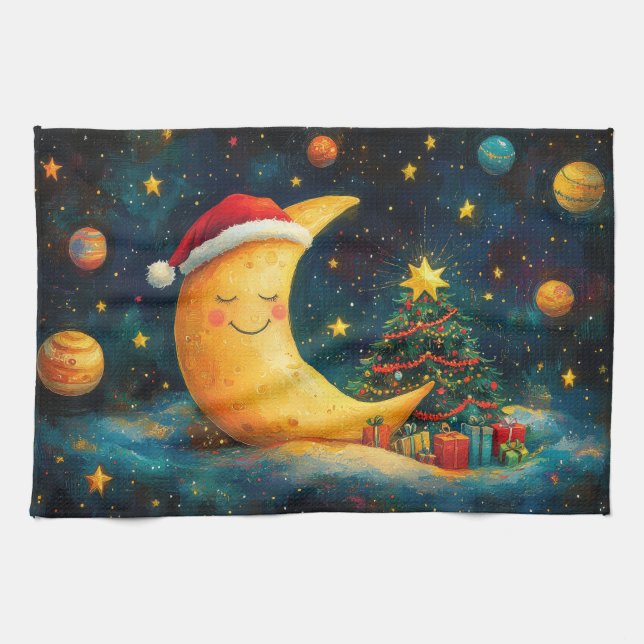 Funny Christmas Moon Galaxy Feier Geschirrtuch (Horizontal)