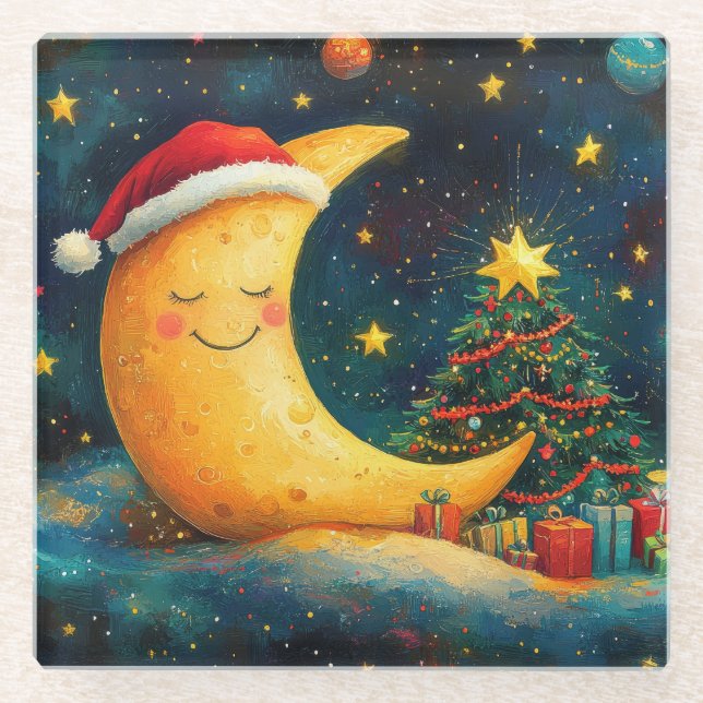 Funny Christmas Moon Galaxy Feier Glasuntersetzer (Vorderseite)