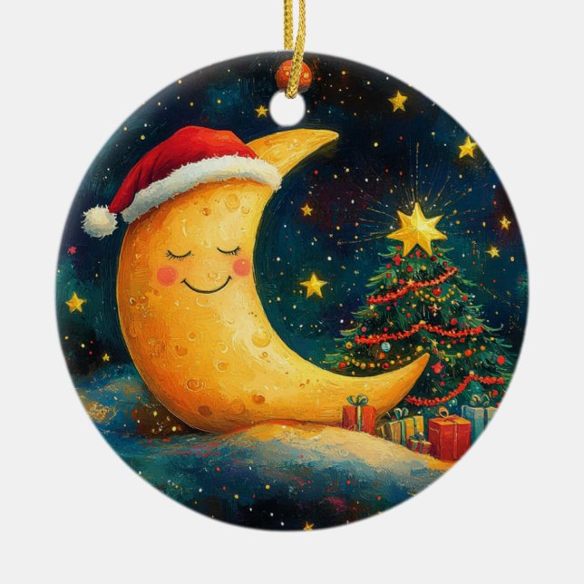 Funny Christmas Moon Galaxy Feier Keramik Ornament (Vorne)