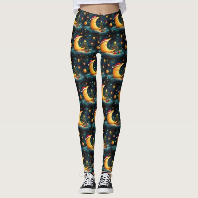 Funny Christmas Moon Galaxy Feier Leggings (Vorderseite)