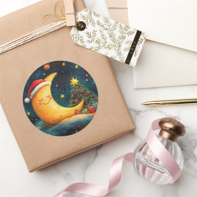 Funny Christmas Moon Galaxy Feier Runder Aufkleber (Schenken)