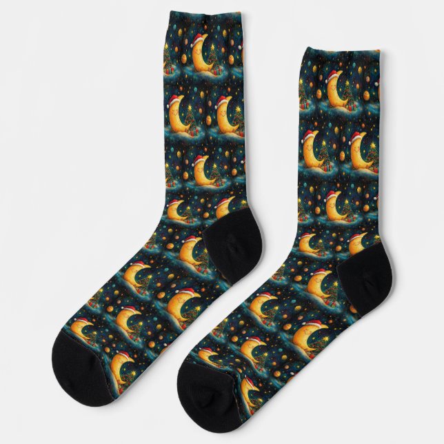 Funny Christmas Moon Galaxy Feier Socken (Linkes Detail)