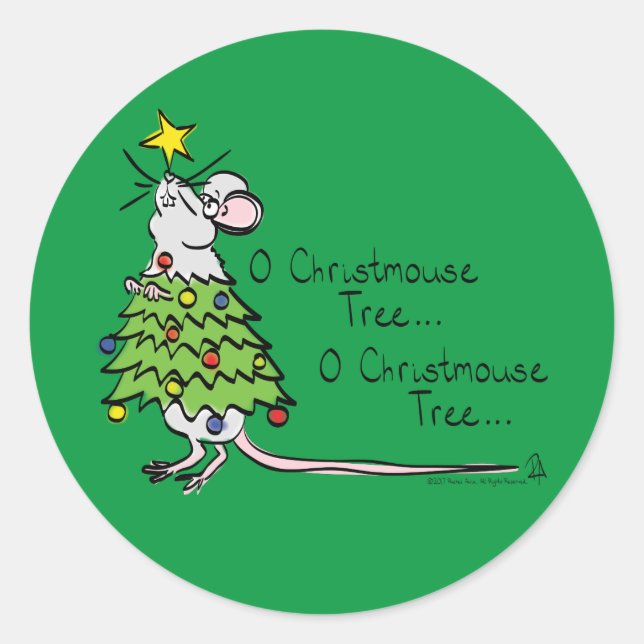 Funny Christmas Niedlich Mouse Tree Cartoon Runder Aufkleber (Vorderseite)