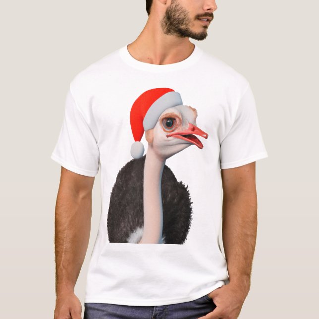 Funny Christmas Ostrich in der Weihnachtsmannmütze T-Shirt (Vorderseite)