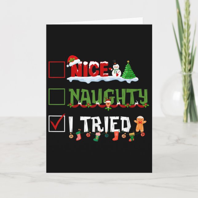 Funny Christmas Pajama Lights Nice Naughty I Tried Karte (Vorderseite)