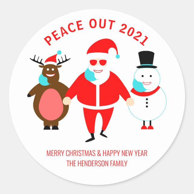 Funny Christmas Peace Out 2021 Santa Face Maske Runder Aufkleber (Vorderseite)