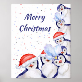 Funny Christmas Penguins Watercolor Poster