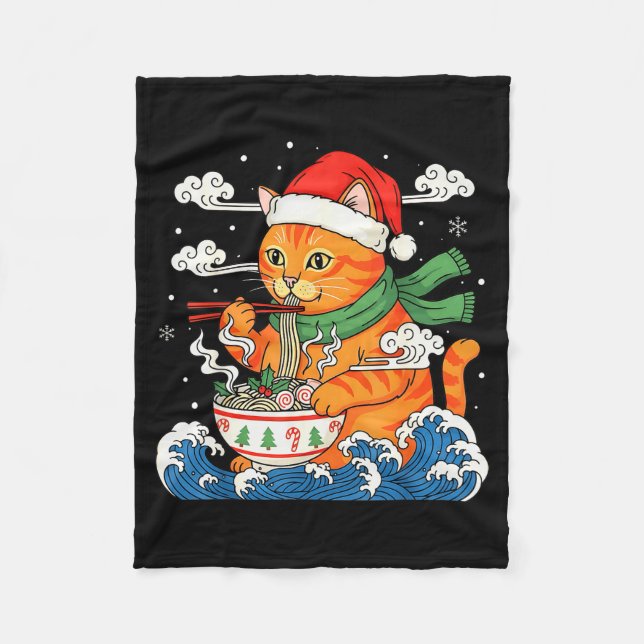 Funny Christmas Ramen Cat Eating Noodles Japanese  Fleecedecke (Vorderseite)