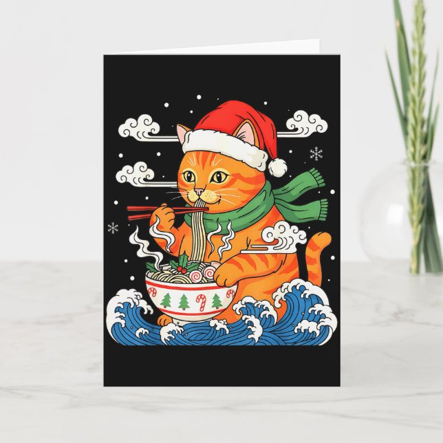Funny Christmas Ramen Cat Eating Noodles Japanese  Karte (Vorderseite)