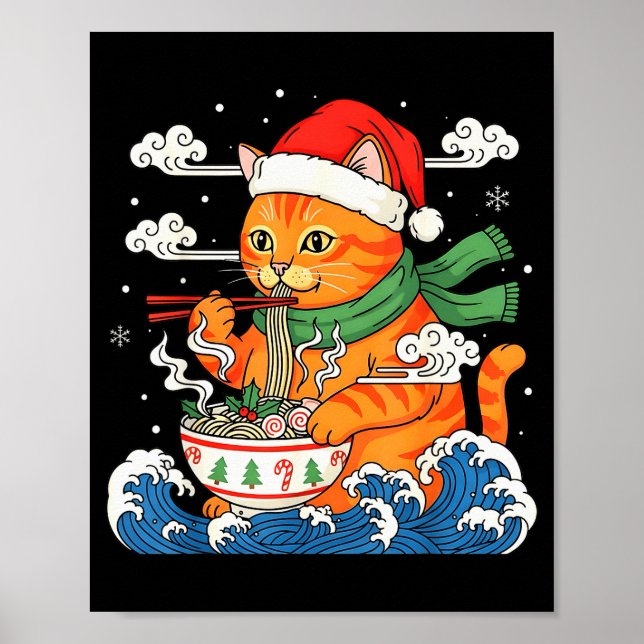Funny Christmas Ramen Cat Eating Noodles Japanese  Poster (Vorne)
