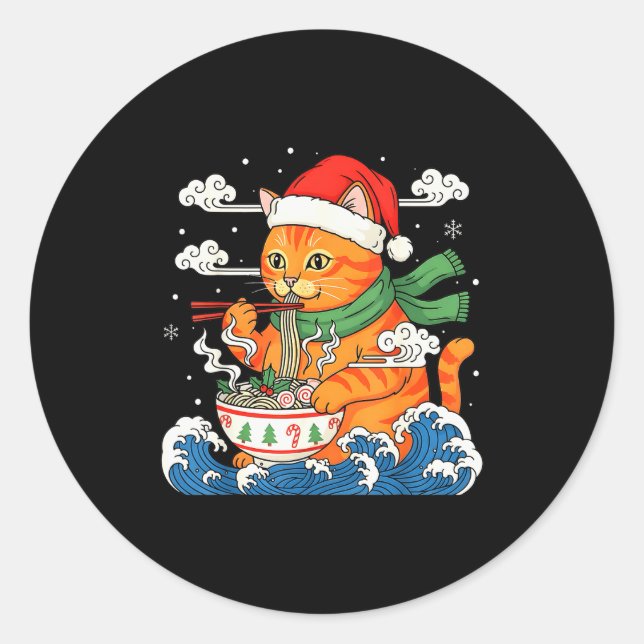 Funny Christmas Ramen Cat Eating Noodles Japanese  Runder Aufkleber (Vorderseite)