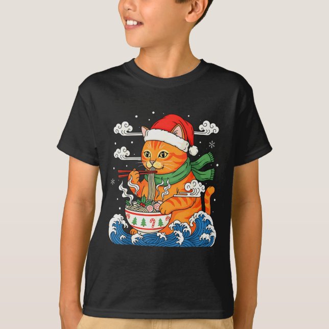 Funny Christmas Ramen Cat Eating Noodles Japanese  T-Shirt (Vorderseite)