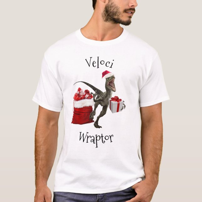 Funny Christmas Raptor Wrapping Dinosaur T-Shirt (Vorderseite)