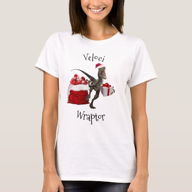 Funny Christmas Raptor Wrapping Dinosaur T-Shirt (Vorderseite)