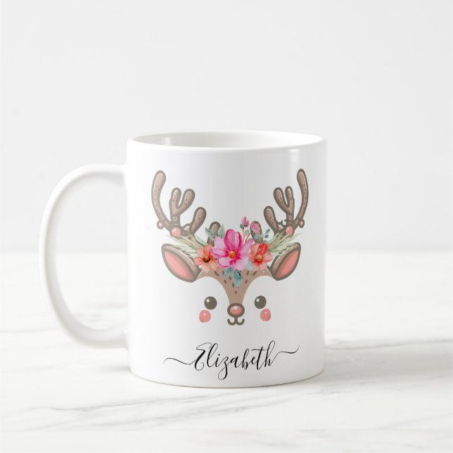 Funny Christmas Reindeer Faces Individuelle Name Kaffeetasse (Links)