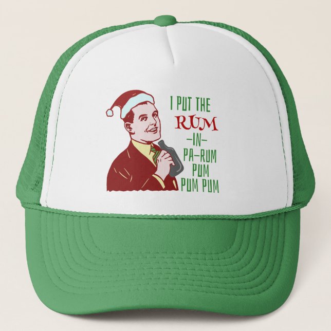 Funny Christmas Retro Man trinkt Rum Holiday Truckerkappe (Vorderseite)