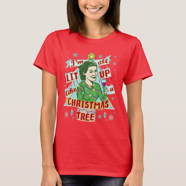 Funny Christmas Retro Trinken Spaß Frau Lit Up T-Shirt (Vorderseite)
