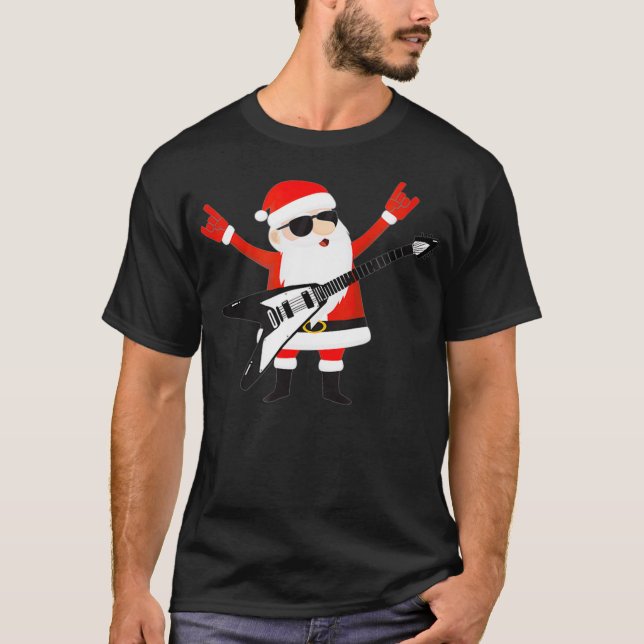 Funny Christmas Rock'n'Roll Santa Guitar  T-Shirt (Vorderseite)