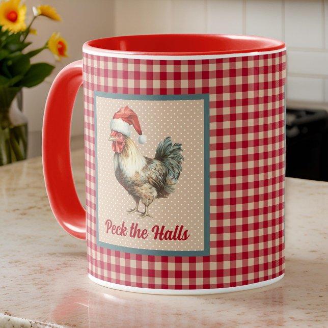 Funny Christmas Rooster Peck die Hallen Bauernhof Tasse (Von Creator hochgeladen)