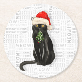 Funny Christmas Santa Black Bombay Cat Runder Pappuntersetzer