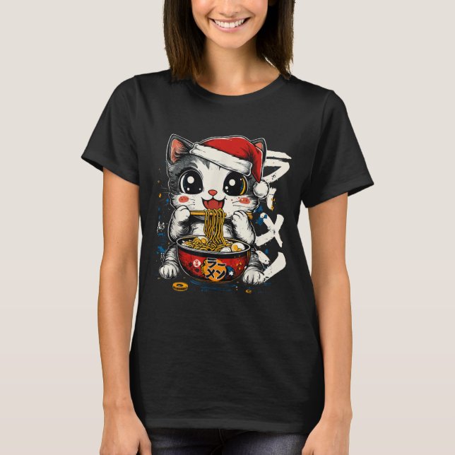 Funny Christmas Santa Cat Ramen Japanese Kawaii An T-Shirt (Vorderseite)