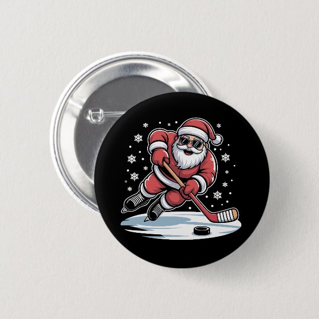 Funny Christmas Santa Playing Ice Hockey Xmas  Button (Vorne & Hinten)