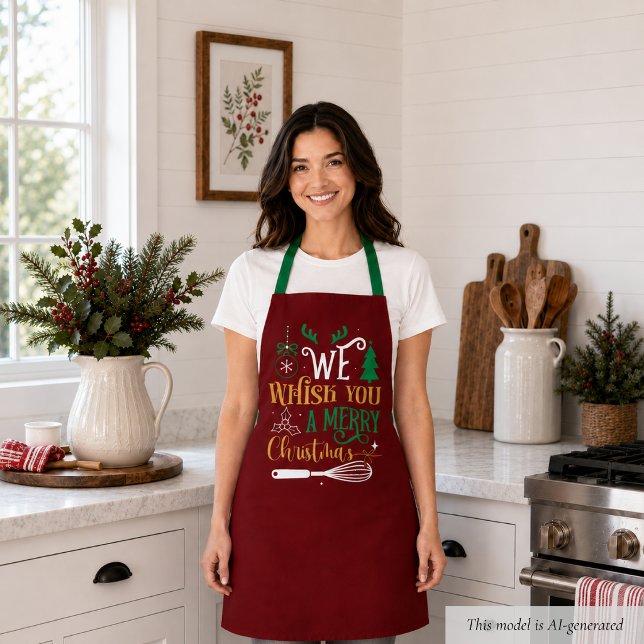 Funny Christmas Schürze (cute funny festive burgundy red we whisk you a merry christmas apron for chef baker mom)