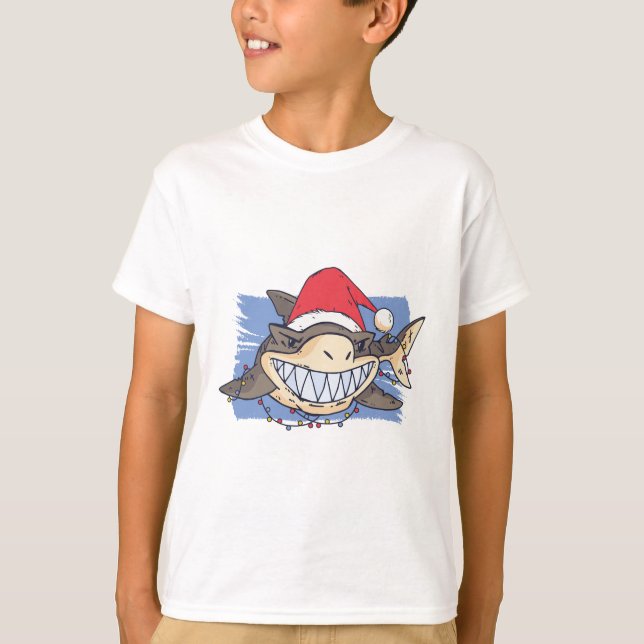 Funny Christmas SHARK Cartoon Teen Boy Girl Kinder T-Shirt (Vorderseite)